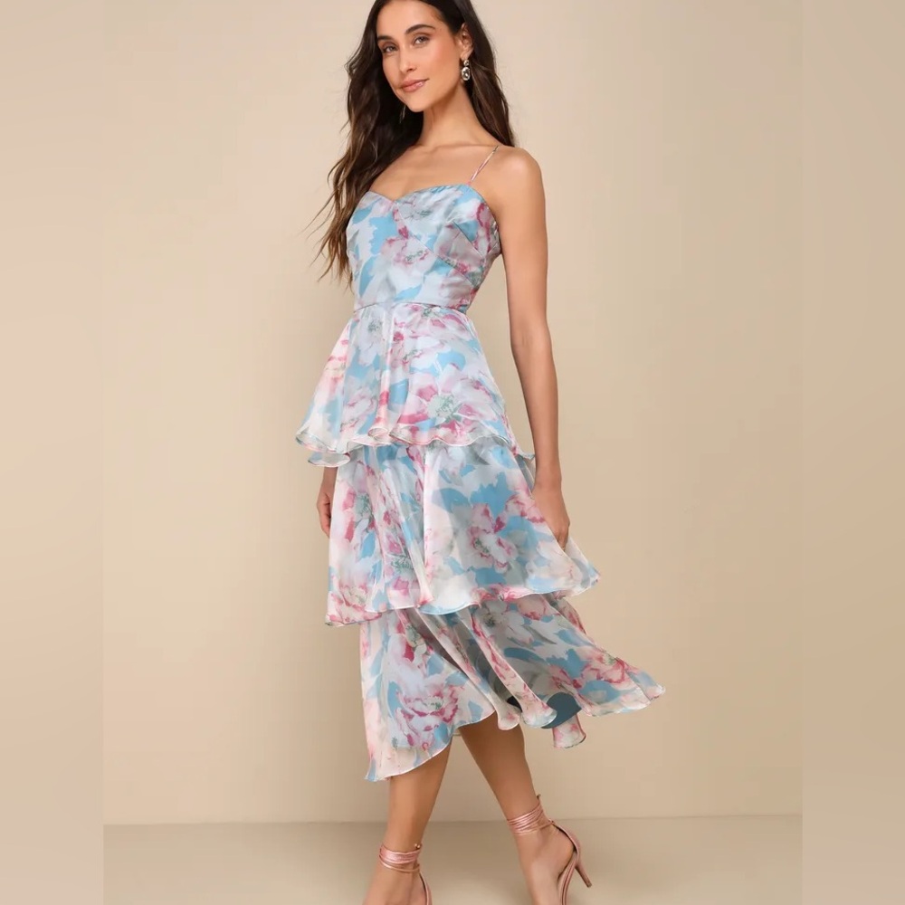 Lulu's Pink & Blue Floral Tiered Dress